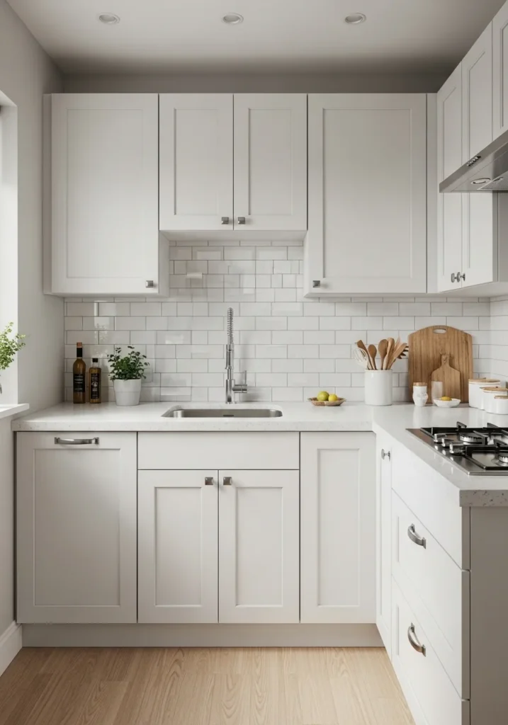 Apartment kitchen with peel and stick backsplash adding style and personality to a small space