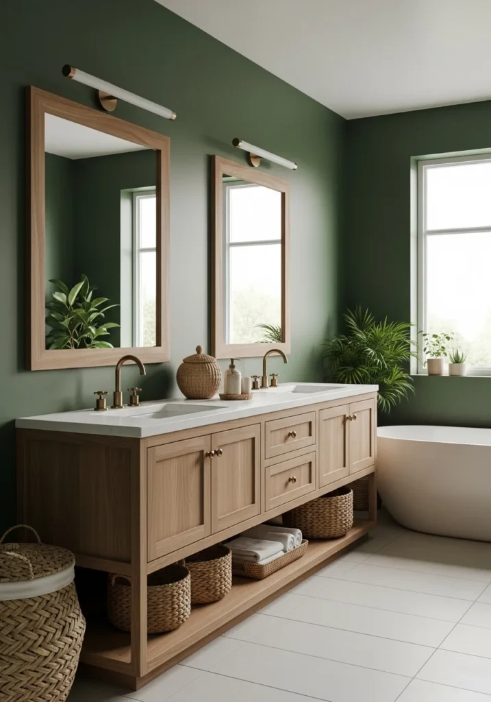 Green bathroom balanced with natural wood accents, adding warmth and texture.