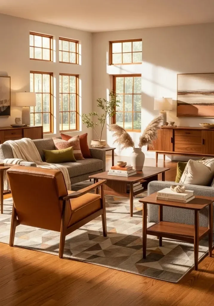 Leather accent chair adding warmth to a mid century modern living room