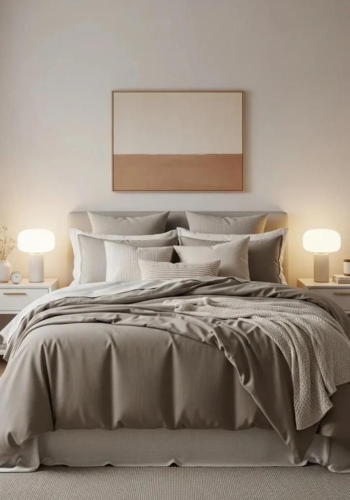 Layered taupe bedding with cozy textures and neutral cushions in a warm bedroom