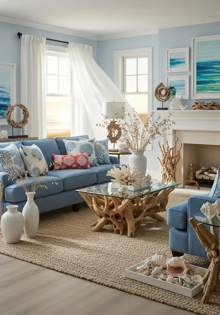 Coastal blue couch living room with beige rug, white linen, and driftwood beach-inspired decor style