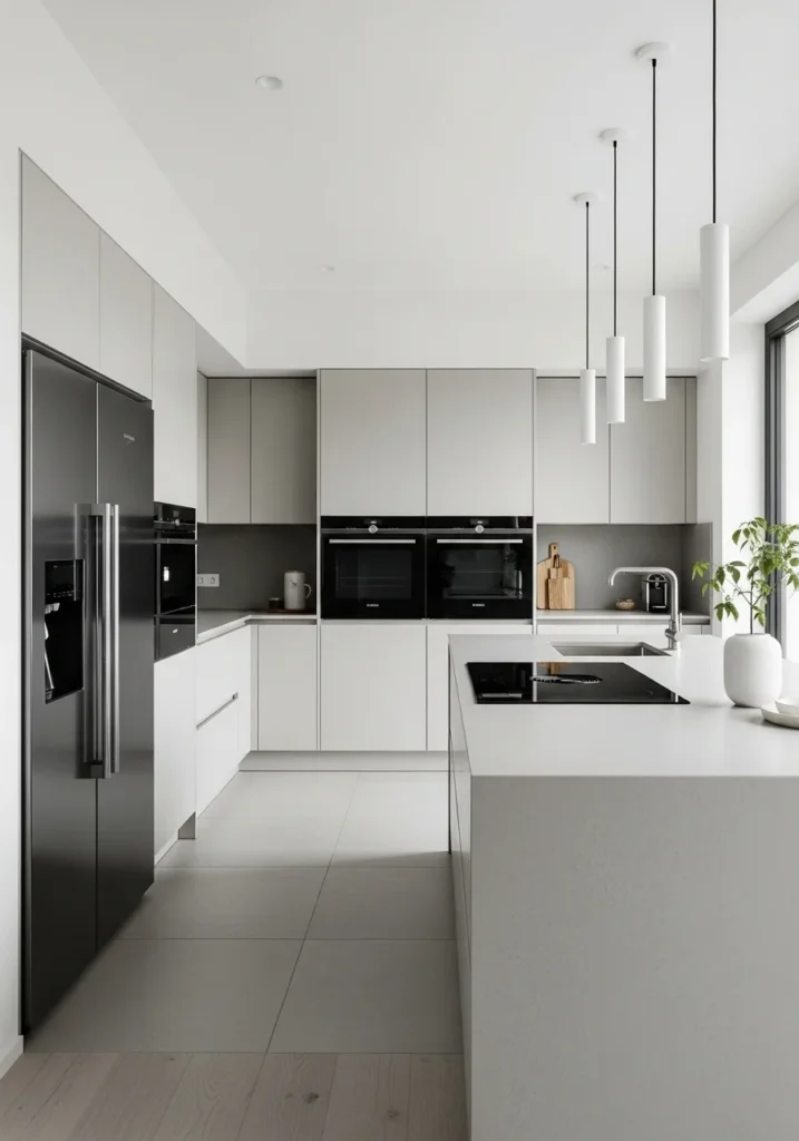 minimalist kitchen with black appliances clean aesthetic