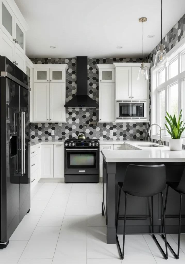 black appliances kitchen with statement backsplash design