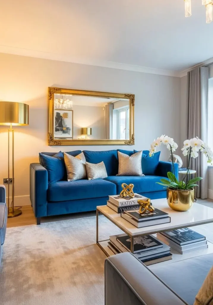 Elegant blue couch living room with gold accents, mirror decor, and luxury modern styling