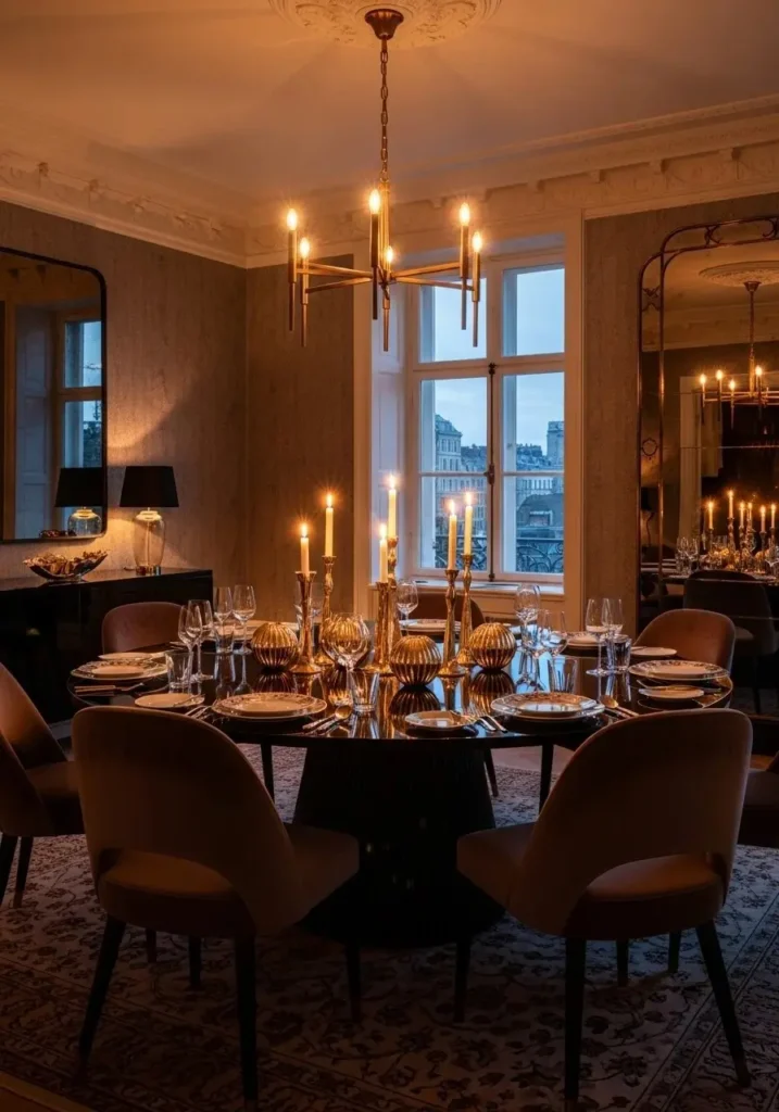 Round dining table with metallic accents adding subtle luxury and glow