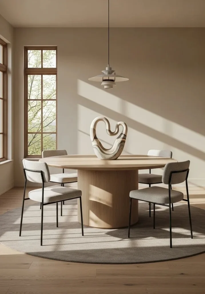Round dining table with sculptural decor piece adding modern artistic elegance