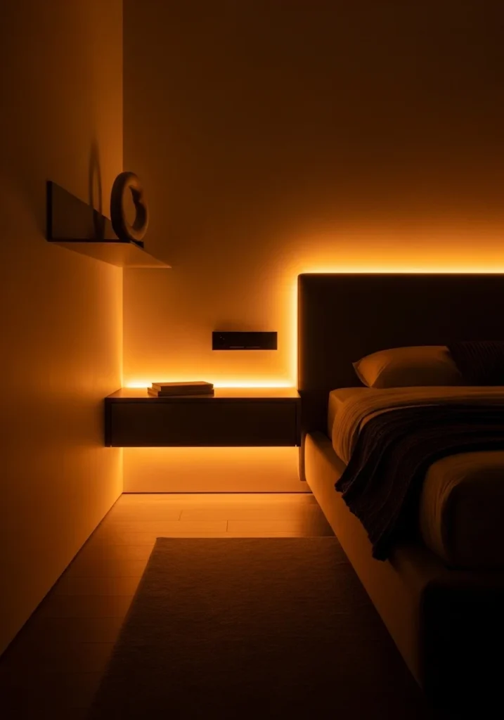 Bedroom corner with LED mood lighting creating a modern and relaxing glow effect.