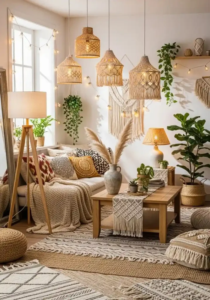 Layered lighting creates a warm, inviting ambiance in a boho living room