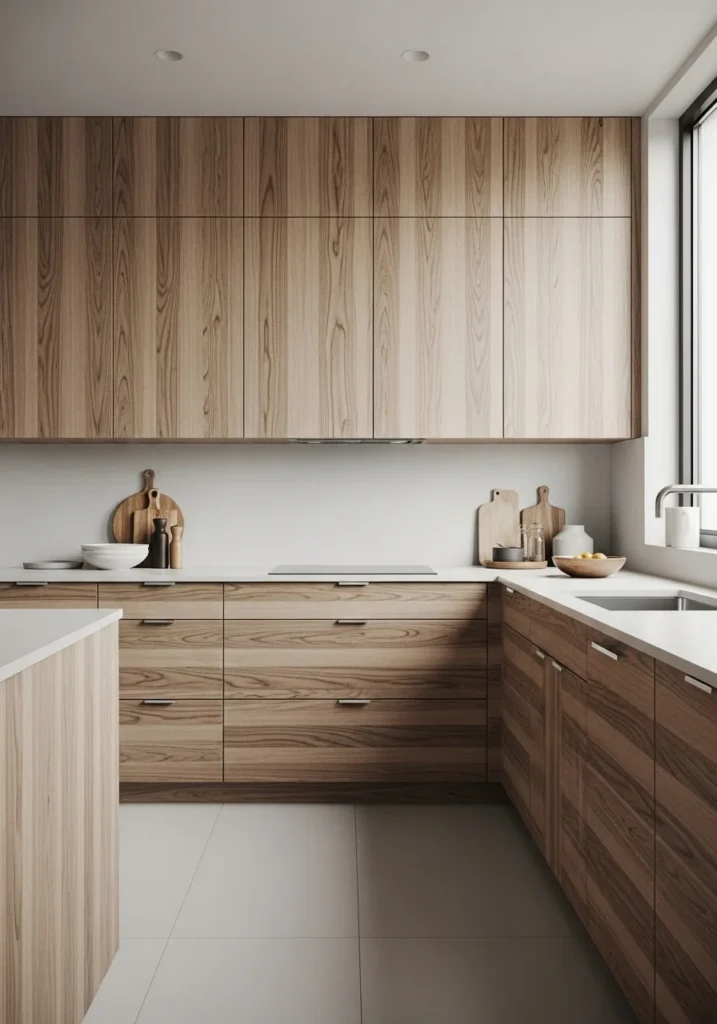 Minimal decor kitchen with hickory cabinets highlighting natural wood texture