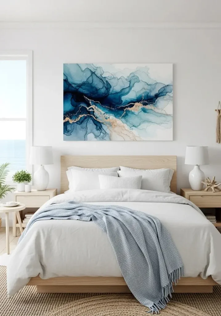 Beach bedroom with coastal wall art adding a relaxing ocean-inspired touch.