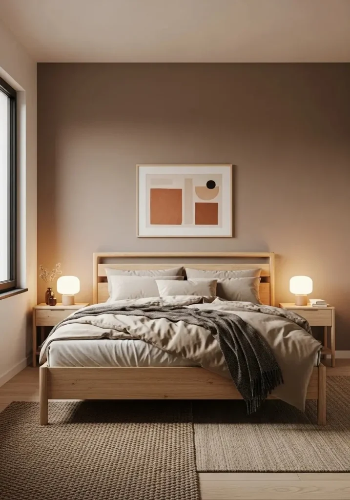 Taupe bedroom with wooden furniture and warm natural tones for a cozy aesthetic