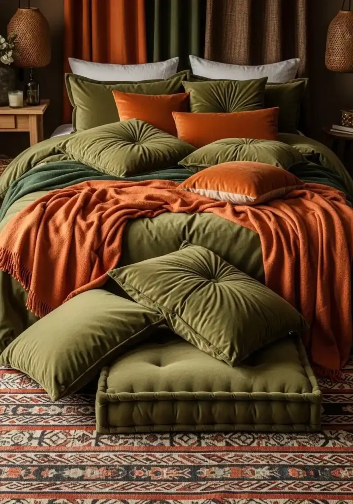 Bedroom showcasing olive and tangerine layered textures in pillows, throws, and rugs, creating a cozy and dynamic space.