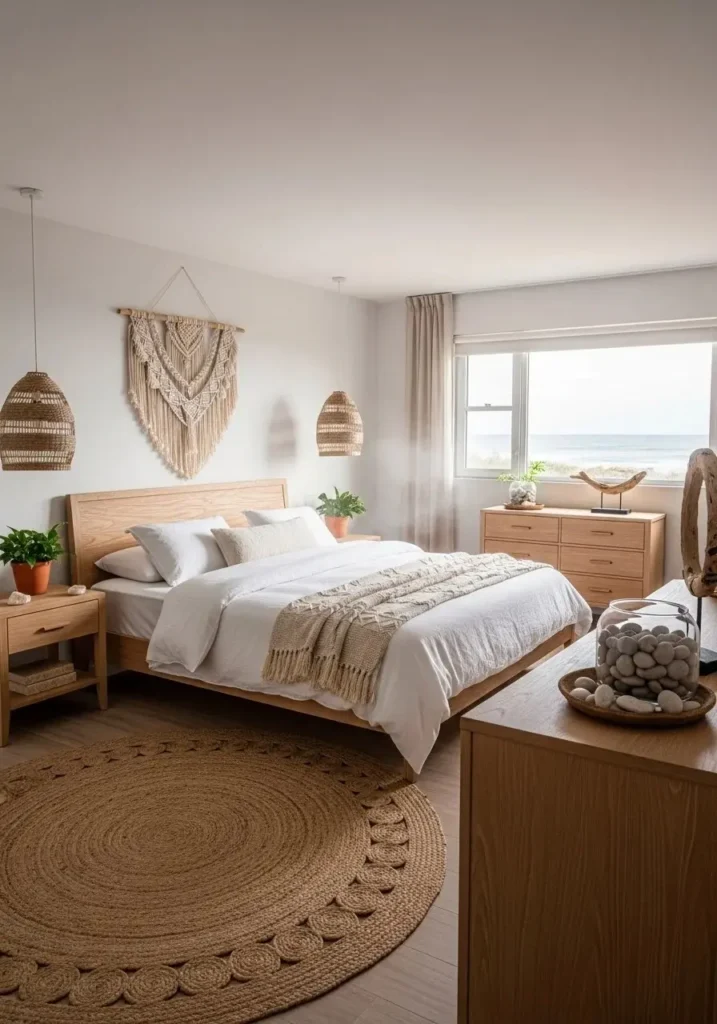 Beach bedroom with natural wood furniture creating warmth and texture.