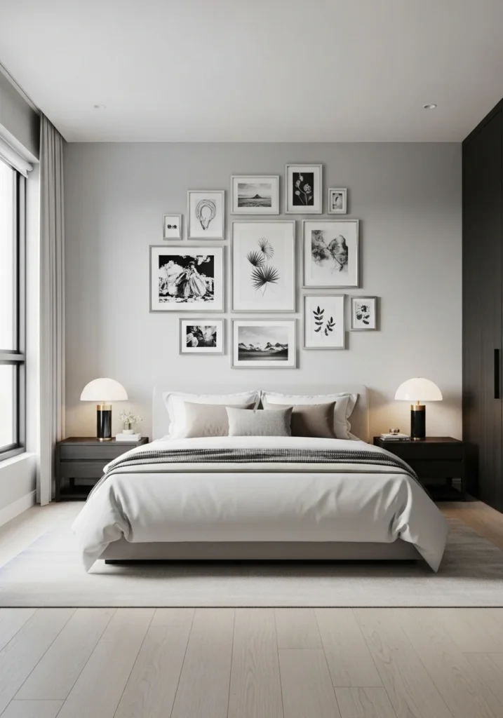 Black and silver wall art gallery adding personality to bedroom decor