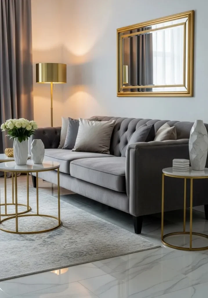Grey couch living room with gold accents and elegant luxury decor