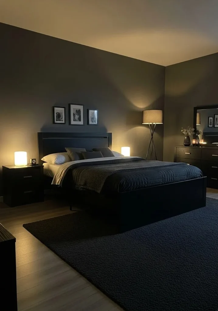 all black furniture bedroom warm lighting cozy black bedroom ideas