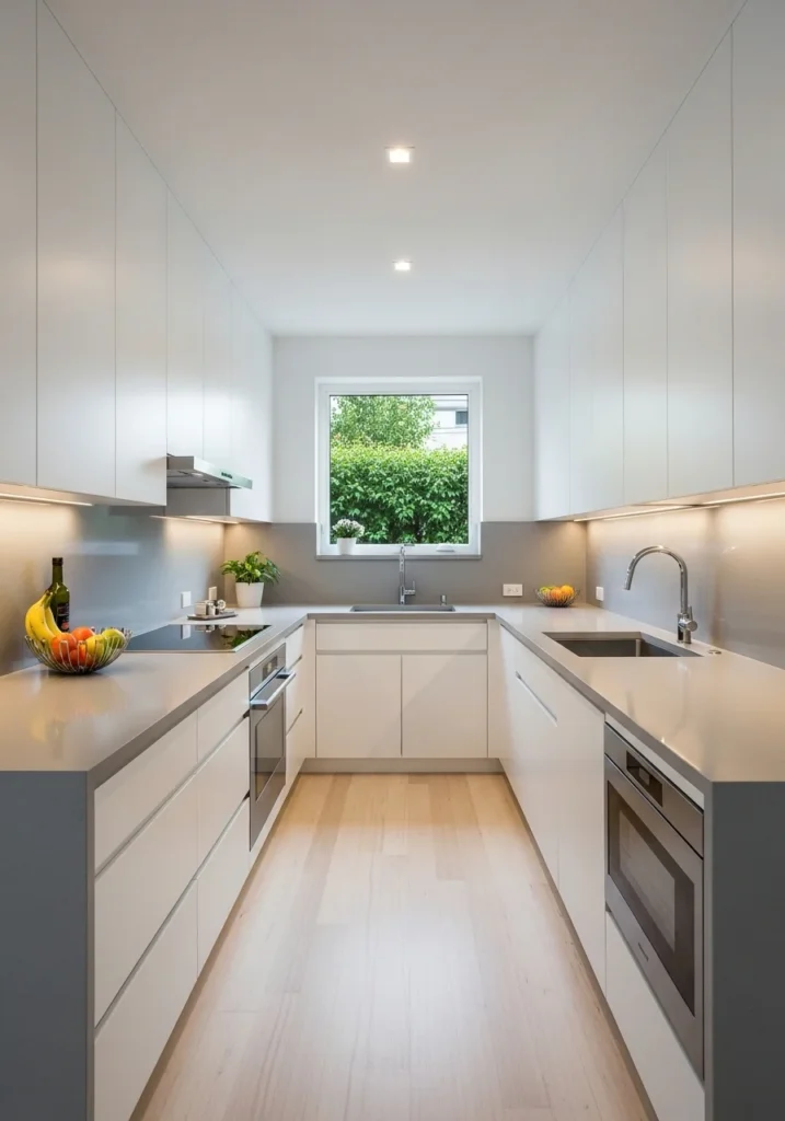 Galley kitchen with white cabinets, gray countertops, and light wood flooring, creating a bright and airy feel