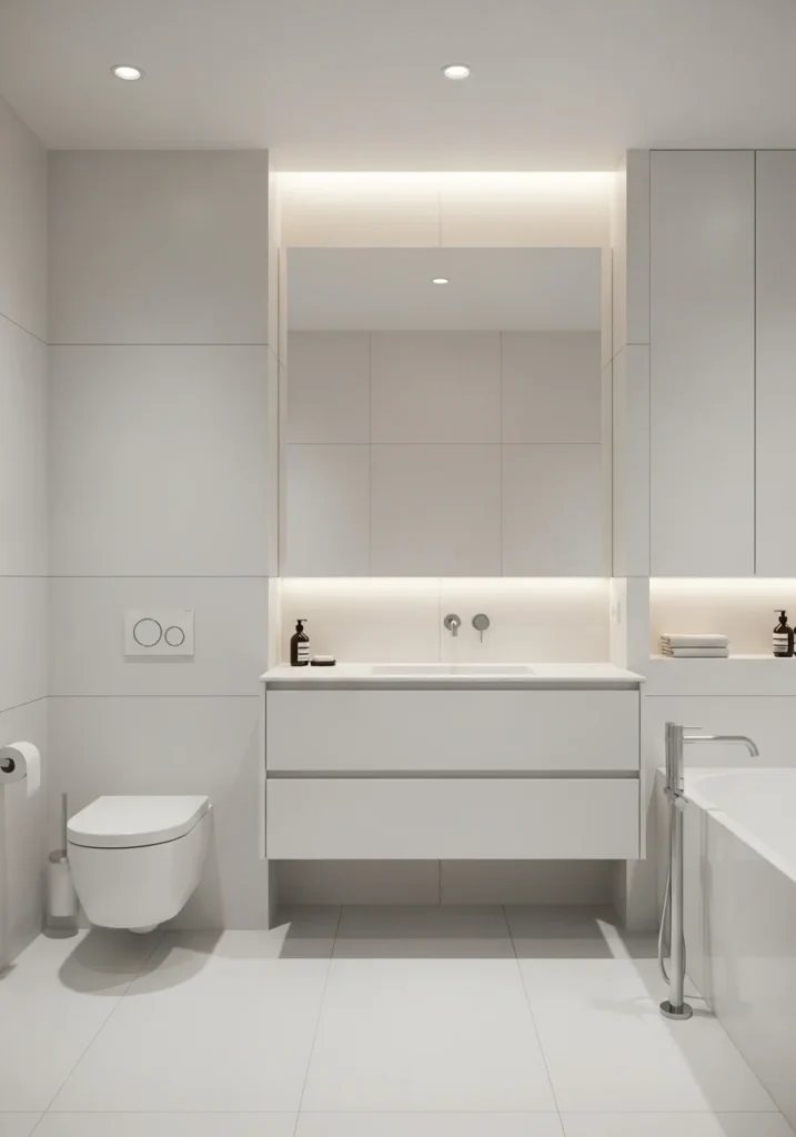 all white minimalist bathroom with clean lines and clutter free modern design