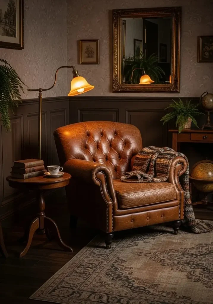 Worn leather armchair adding character to vintage living room