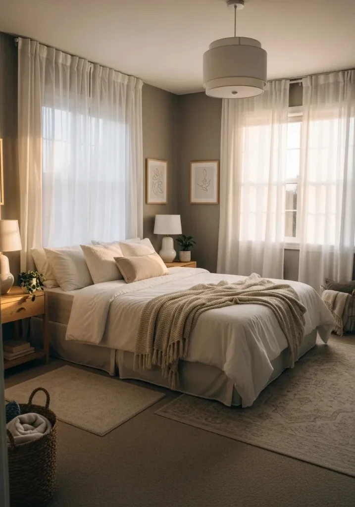 Warm light filtering through sheer curtains in a cozy bedroom.