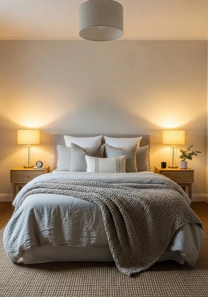 Cozy bedroom with soft bedside lamps and warm ambient lighting creating a relaxing atmosphere.