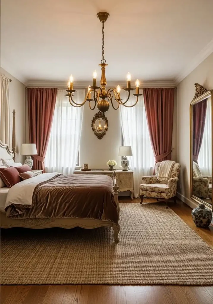 Vintage brass chandelier adding warmth and charm to bedroom