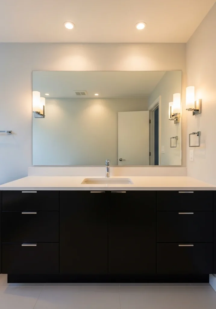 Black vanity with white countertop creating a clean modern bathroom contrast.