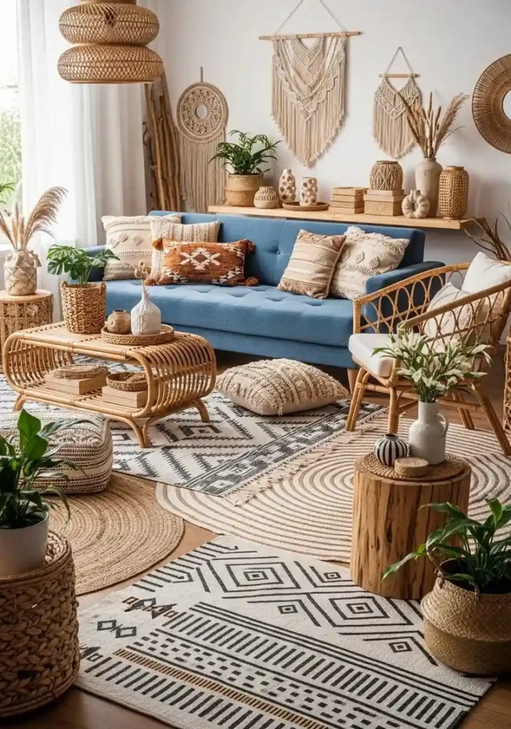Boho blue couch living room with woven textures, rattan decor, and cozy layered styling