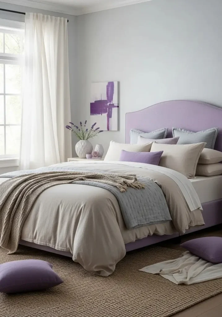 Lavender upholstered headboard as focal point with neutral bedding and subtle purple accents in bedroom