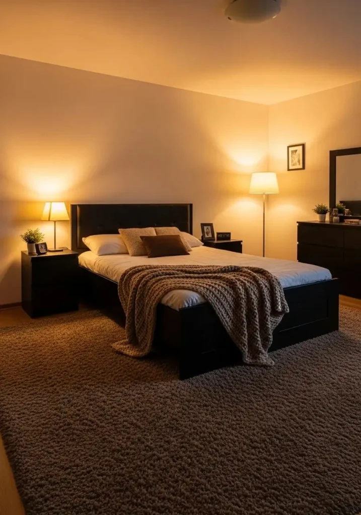 Cozy lighting with black and brown layers creating a warm bedroom vibe