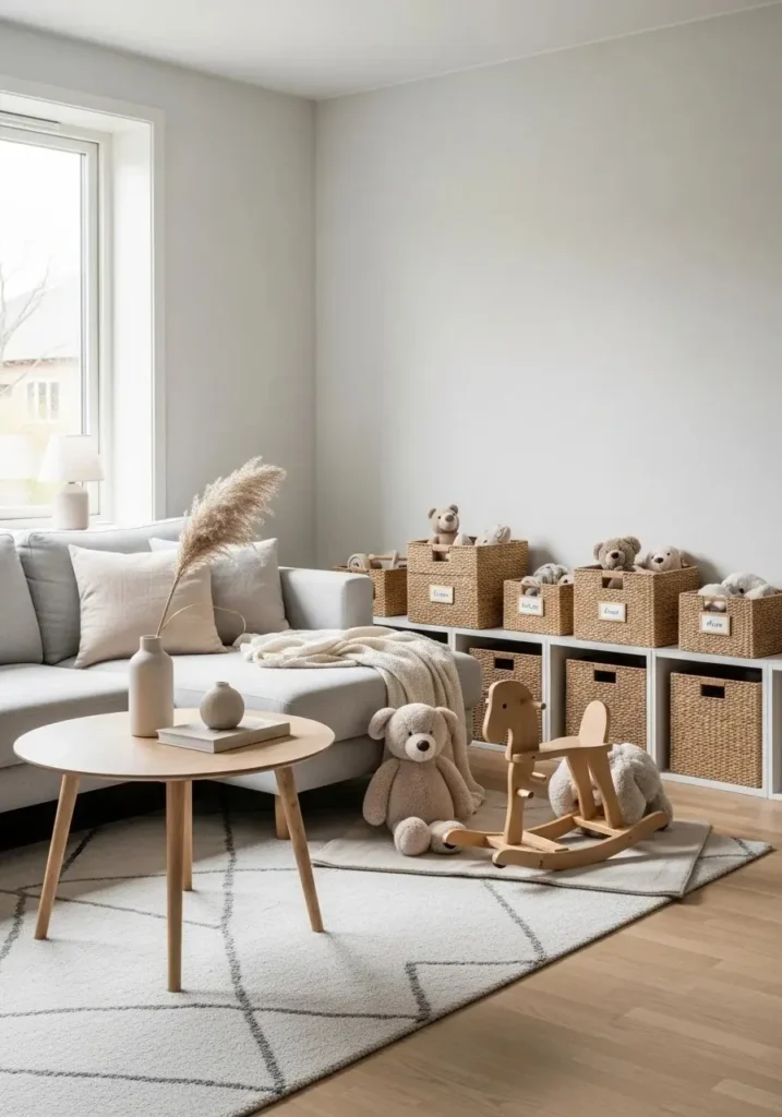 Minimalist living room using toy rotation system to reduce clutter.