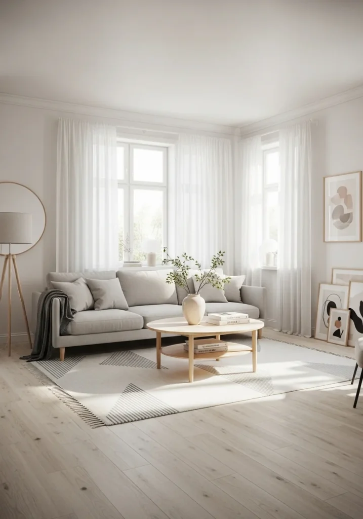 Soft curtains in Scandinavian living room design