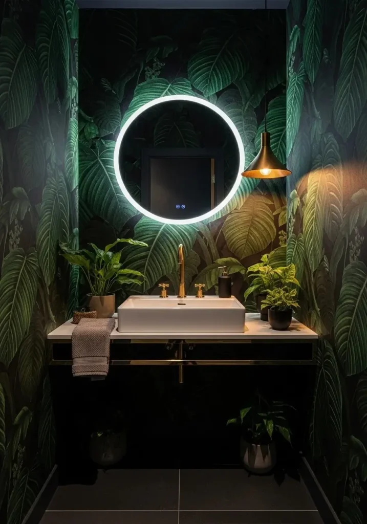 bold botanical bathroom wallpaper with large green leaves creating a dramatic nature inspired space