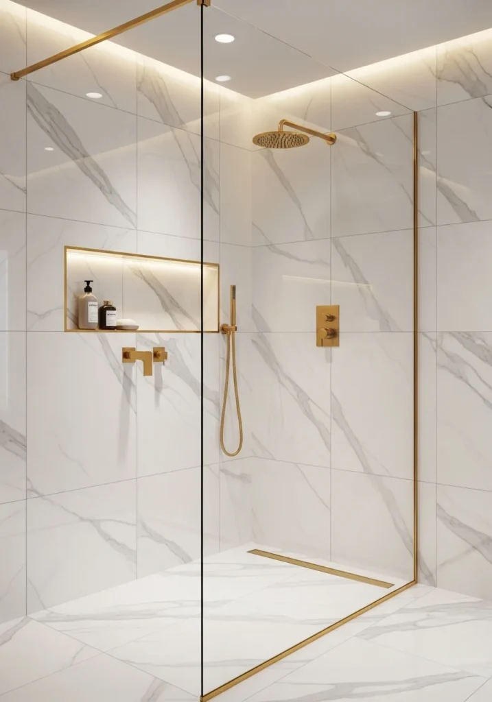 Marble-look tiles in shower creating a luxurious and elegant bathroom design