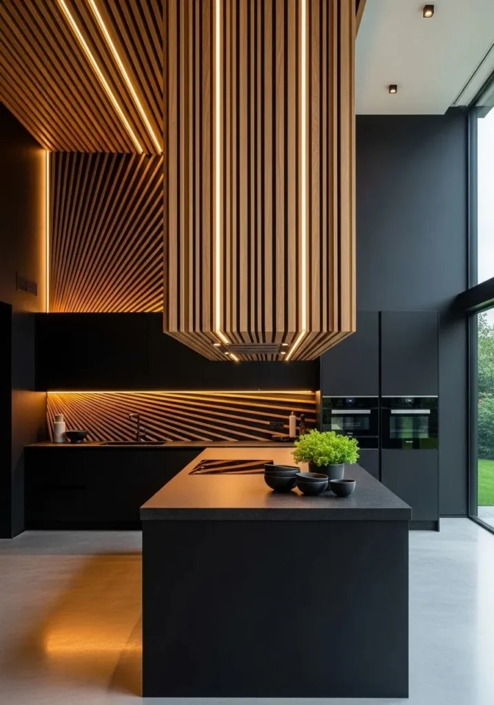 black wall wood slats ceiling kitchen modern design