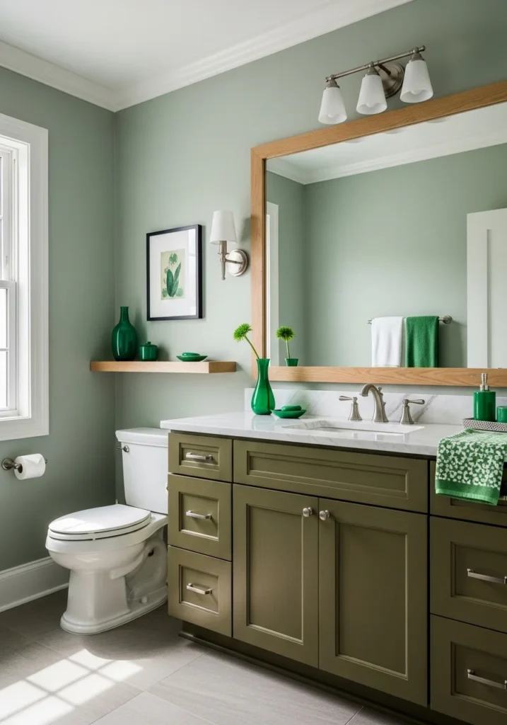Layered green bathroom design combining soft sage, olive, and emerald tones for depth and elegance.