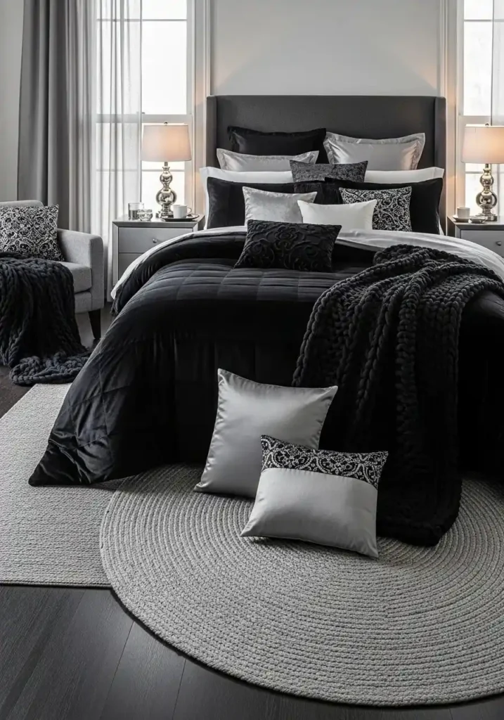 Black bedding styled with silver throw pillows for contrast and texture