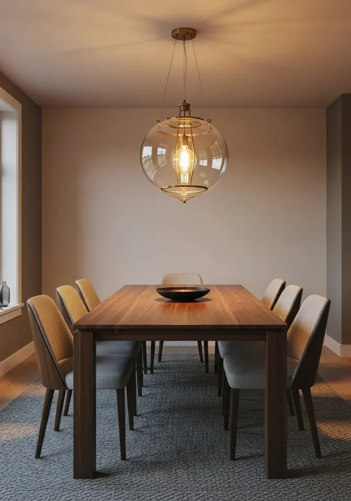 Dining room with statement pendant light creating a bold focal point above the table