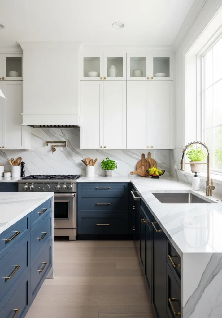 two tone kitchen with blue lower cabinets and white upper cabinets for a balanced modern look