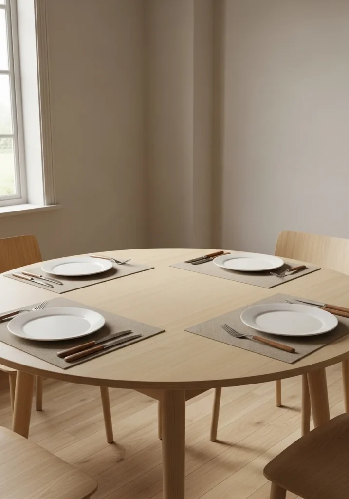 Round dining table with neutral table setting creating calm everyday dining style