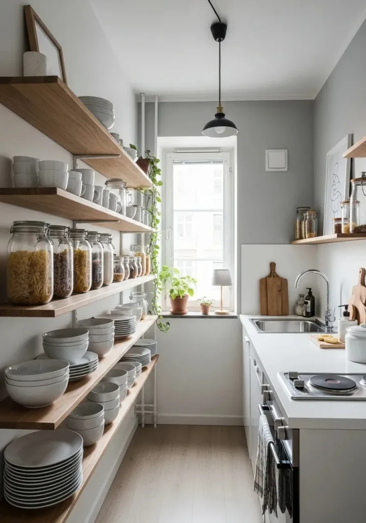 Modern small kitchen with warm under-cabinet LED lighting, glowing countertops, cozy evening ambiance, soft shadows, clean surfaces, minimal decor, warm tones