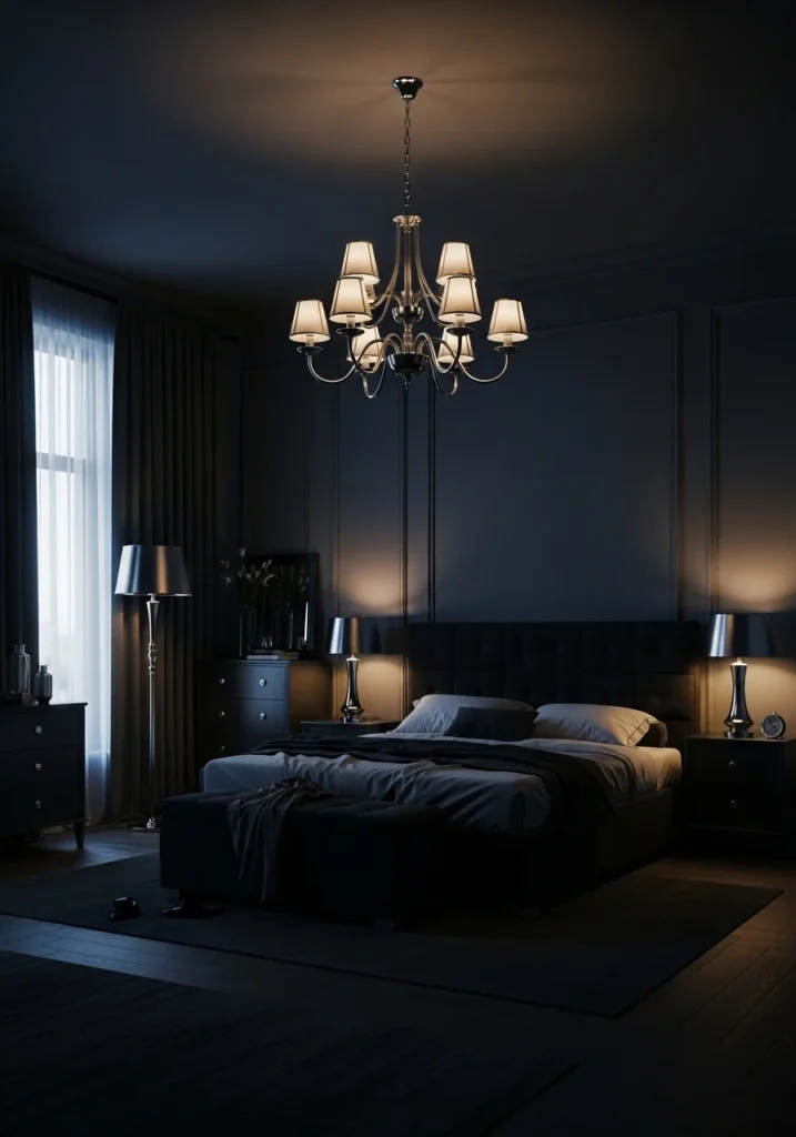 Silver lighting fixtures brightening a dark bedroom decor