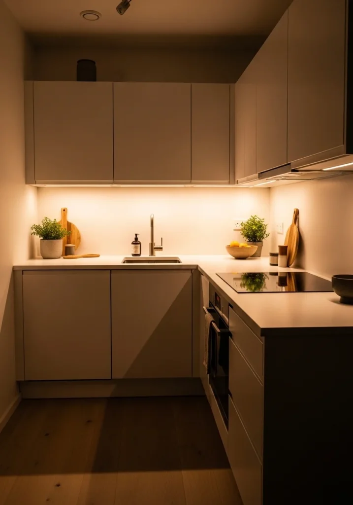 Small apartment kitchen with warm under cabinet lighting creating a cozy and inviting atmosphere