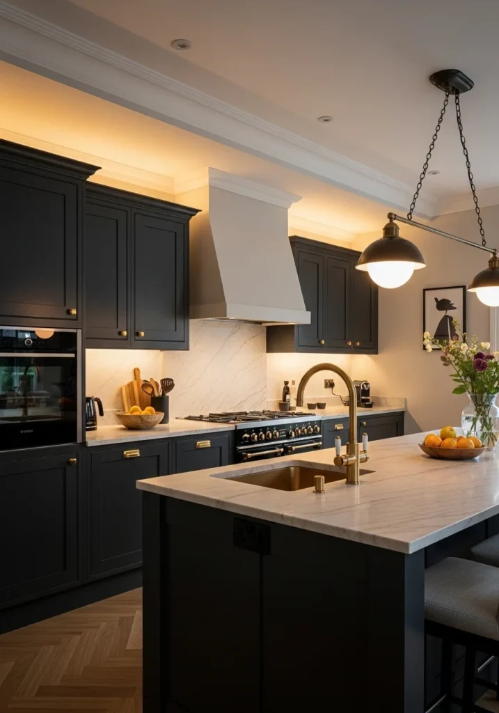 kitchen with black appliances and gold accents luxury style