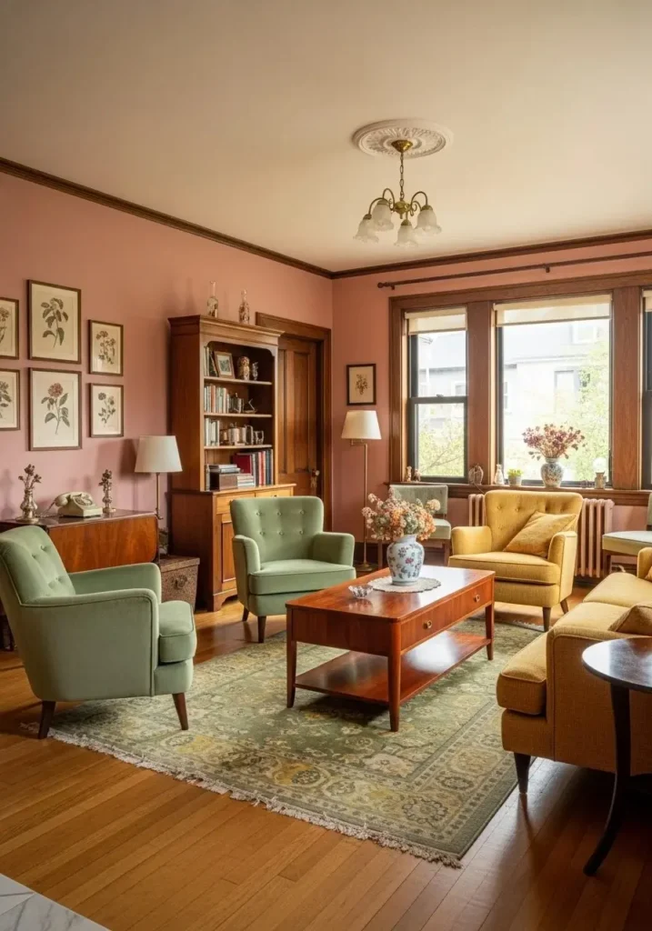 Muted earthy tones defining vintage living room color palette