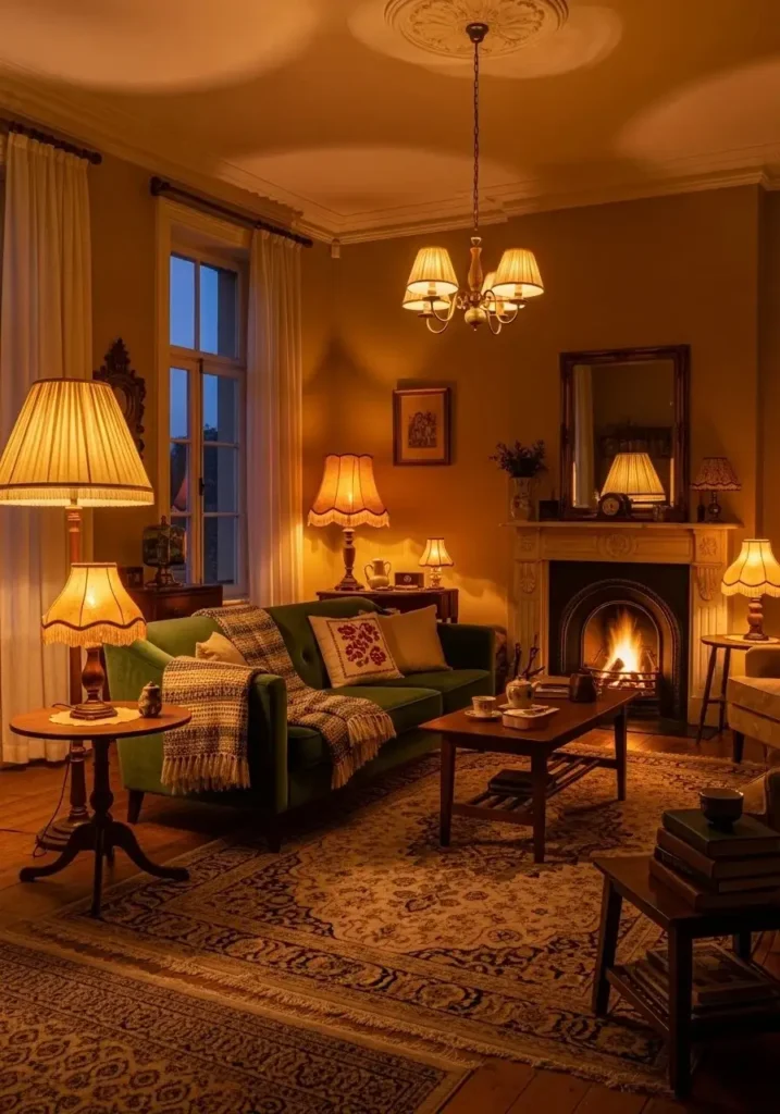 Warm lighting creating a cozy vintage living room mood