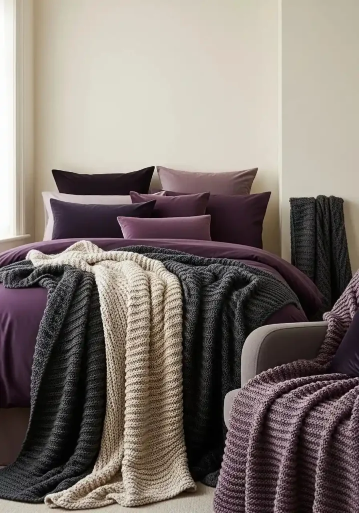 Bedroom featuring deep eggplant bedding against neutral walls, layered with velvet and knitted textures for warmth
