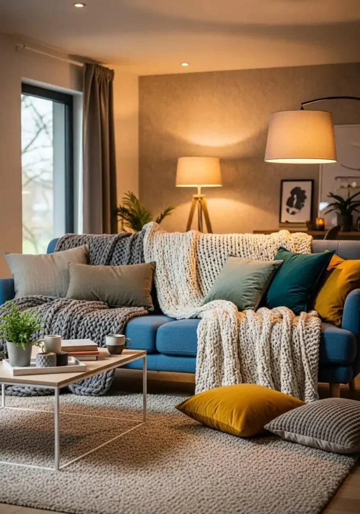 Cozy blue couch living room with layered textures including knit throws, linen and velvet cushions