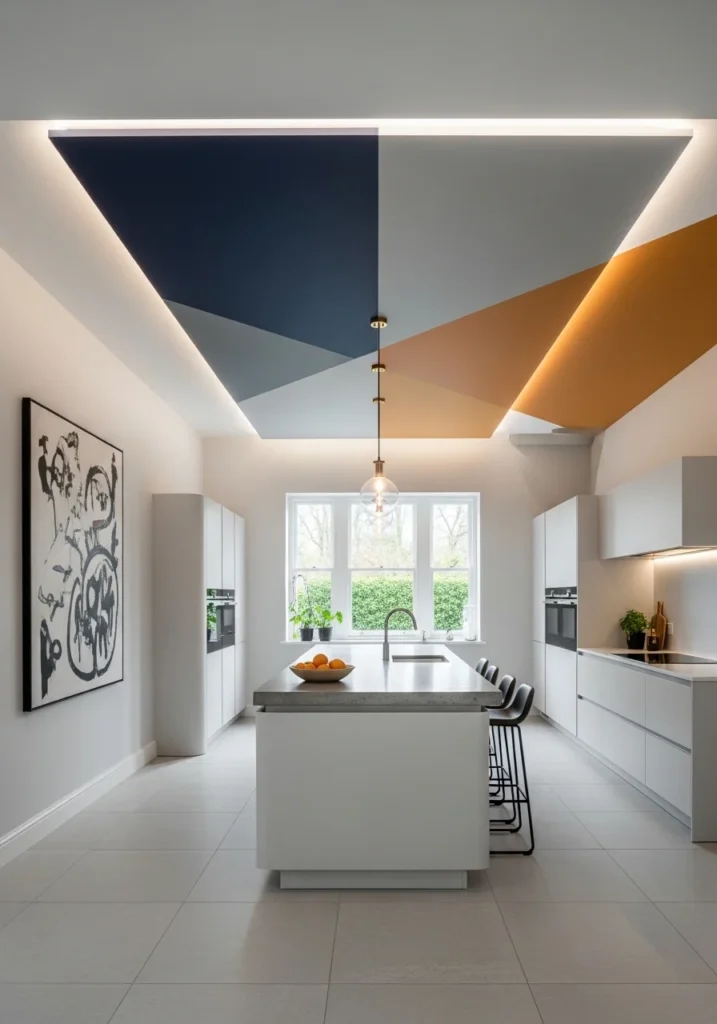 color blocked kitchen ceiling defining zones with modern creative design