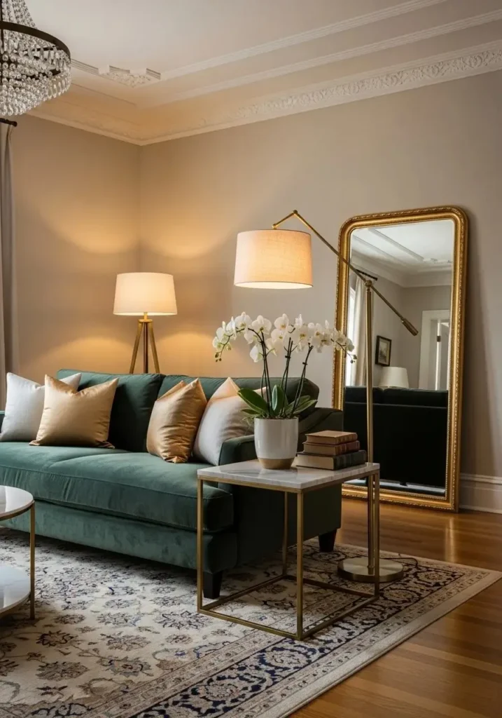 Marble top side table adding a luxurious touch to living room.